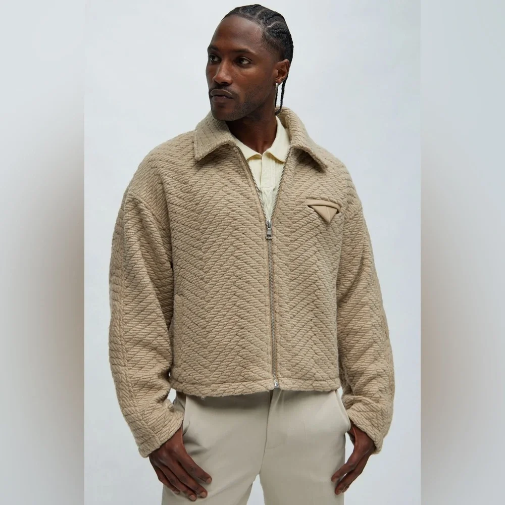 Textured Fashion Nova Zip-Up Sweater - Brown